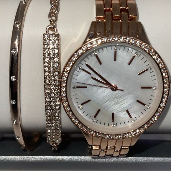 Gold Tone Crystal Watch Bracelet (3 Piece Set) Stunning Chic Intricate Style NEW - Picture 5 of 16